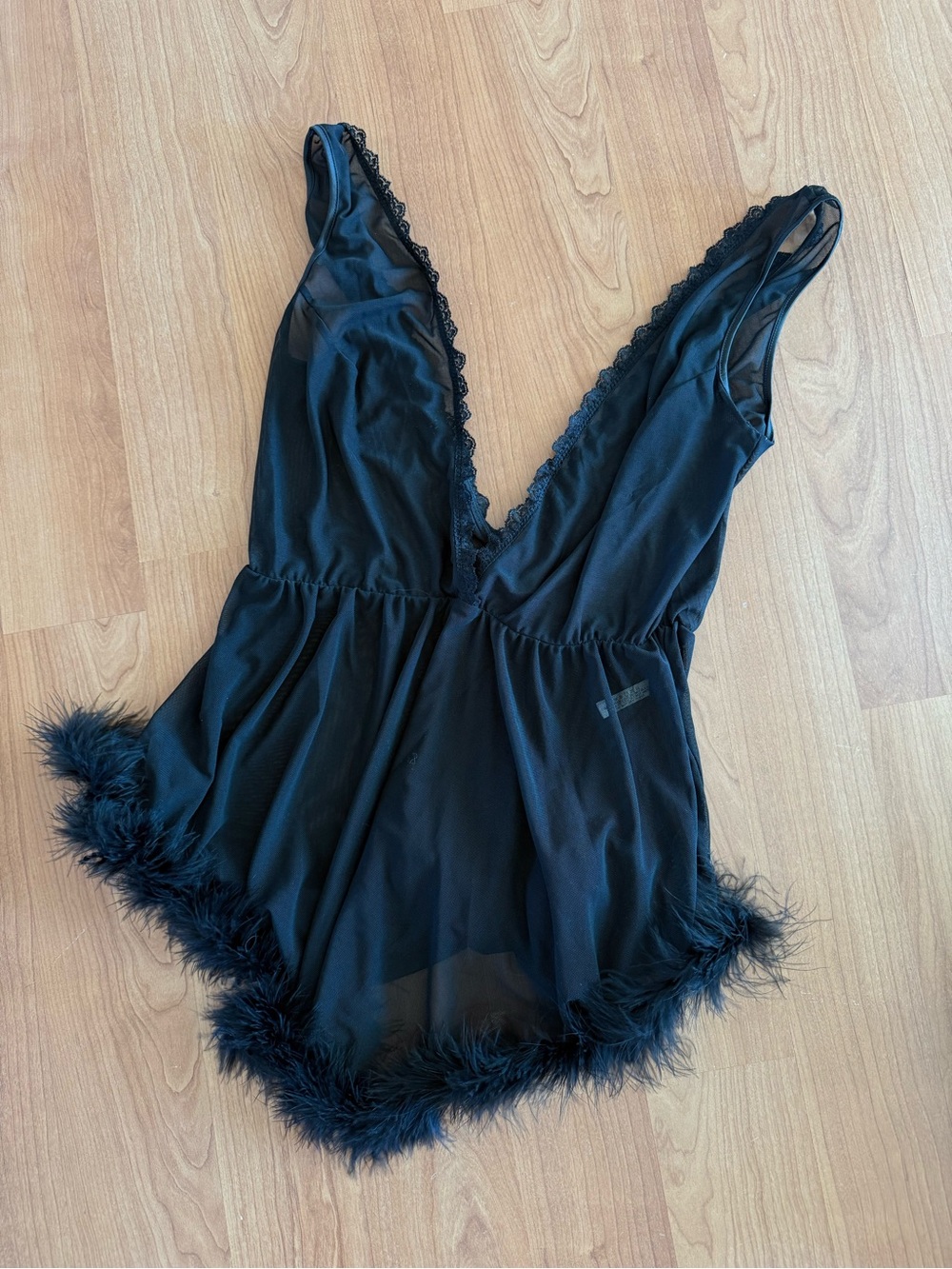 Brand New Black Feather Trim V-Neck Teddy - Women’s Intimates